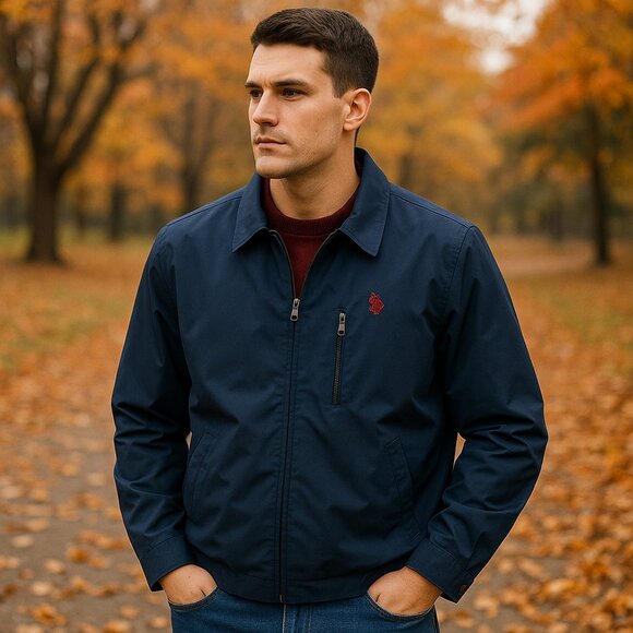 U.S. Polo Assn Navy Jacket Men’s L Preppy Windbreaker Burgundy Lining Pocket - Picture 1 of 16